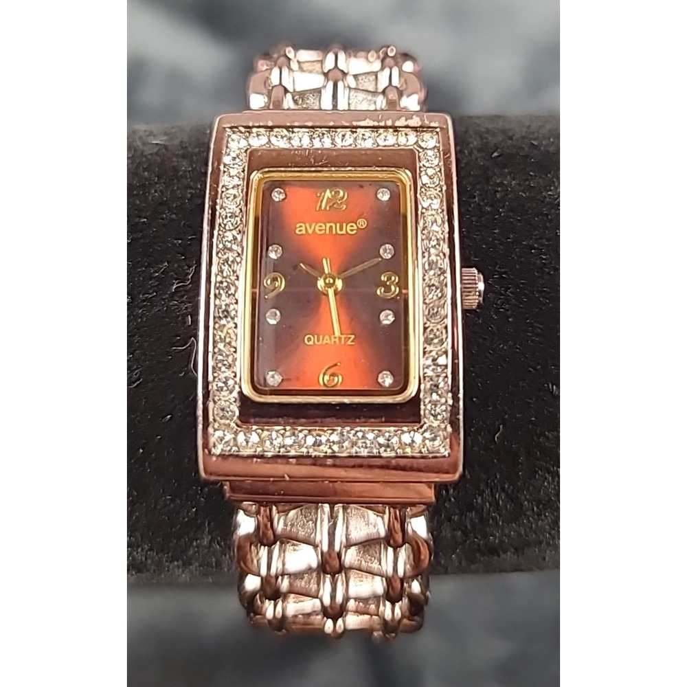 Avenue Coppertone Cuff Bracelet Rhinestone Bezel Quartz Watch New Battery 6½"